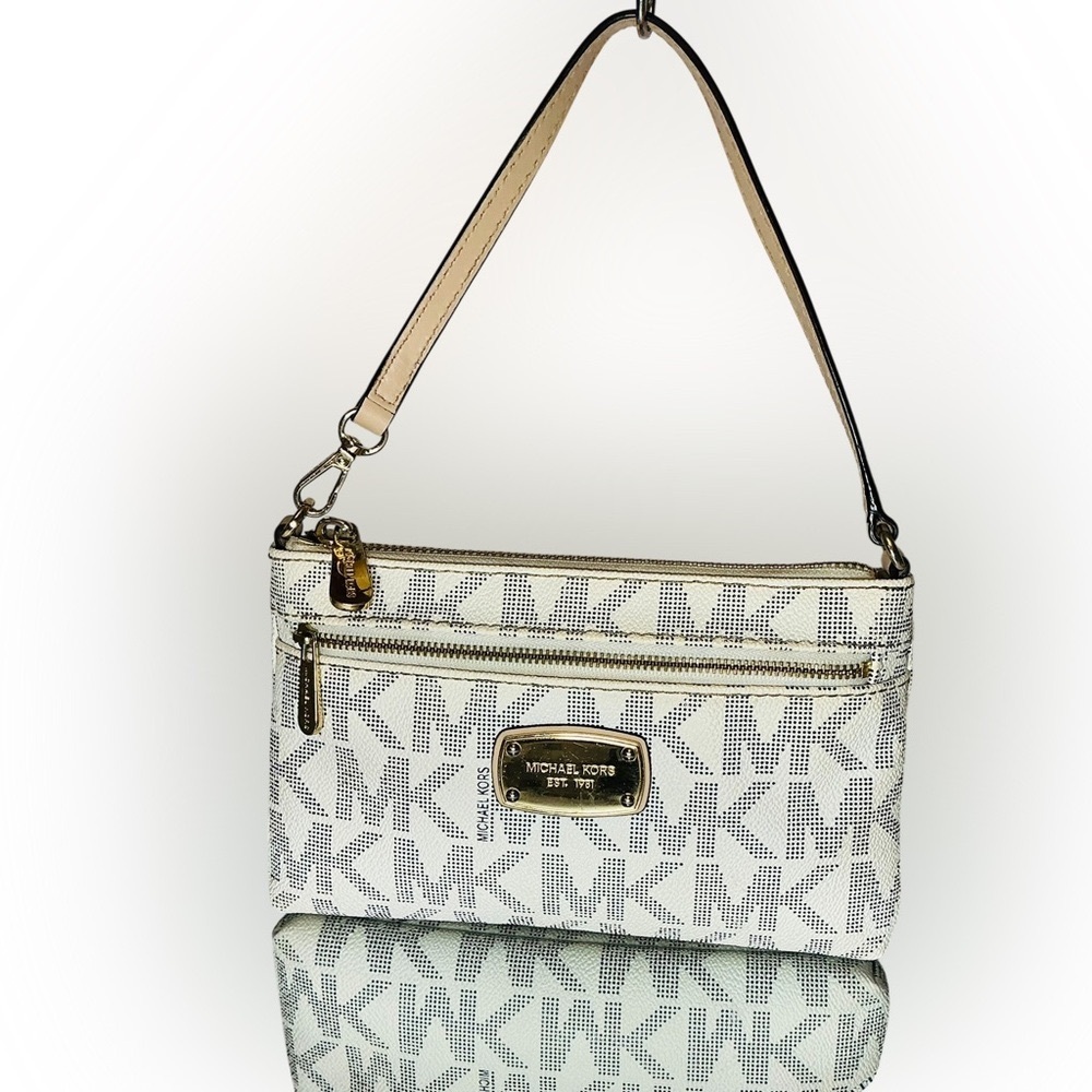 Michael Kors Large Leather Wristlet Handbag MK Logo - White - Picture 3 of 9